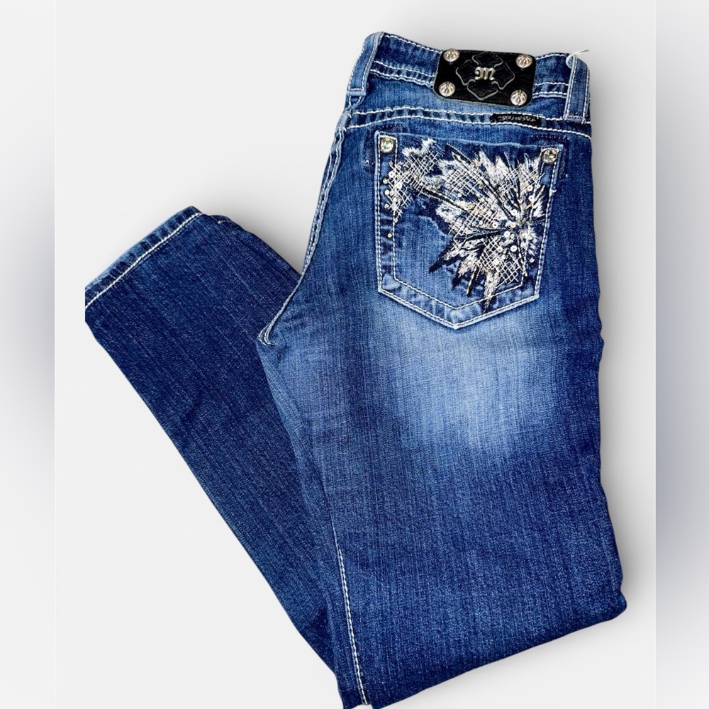 Miss Me Blue Straight Leg Jeans with Silver Accents